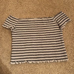 black and white striped off the shoulder shirt